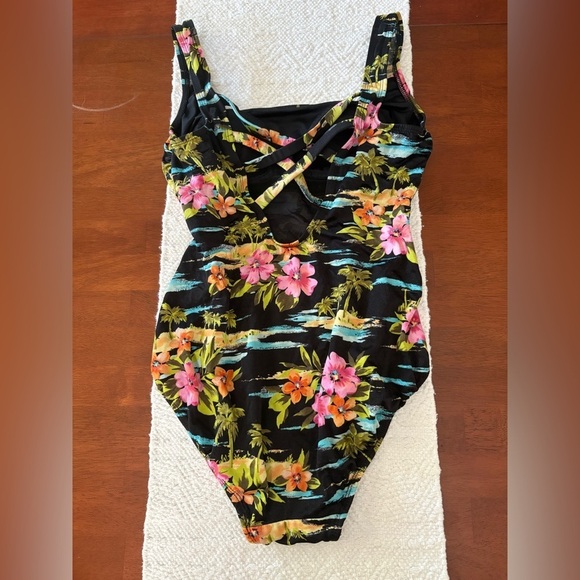 π©± Vintage Longitude Scoopneck Floral Tank Crisscross Back Straps Swimsuit sz 12 - Picture 2 of 7
